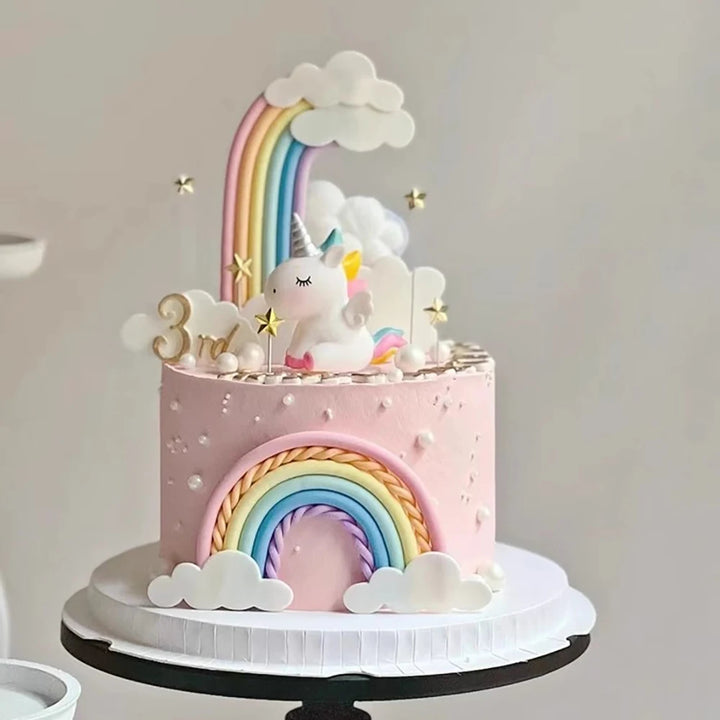 Unicorn Cake Topper with Rainbow Clouds Stars for Kids Happy Birthday Cake Decorations Girl's 16th Party Supplies Adult Gifts