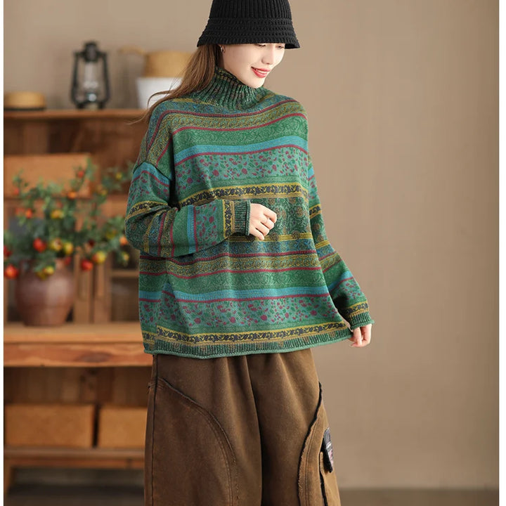 23Women Knit Sweaters Autumn Winter Mori Girl Style Print Turtleneck Collar Loose Female Tide Cotton Pullovers Wild