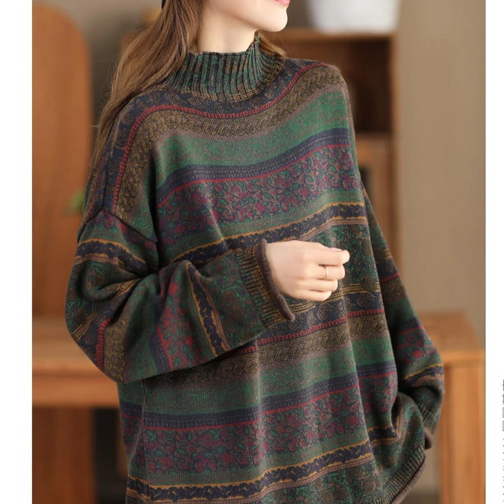 23Women Knit Sweaters Autumn Winter Mori Girl Style Print Turtleneck Collar Loose Female Tide Cotton Pullovers Wild