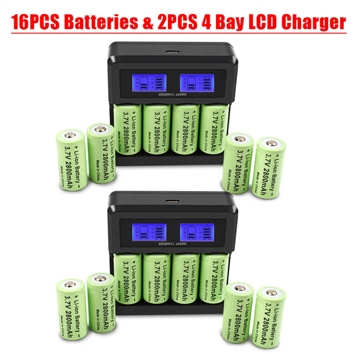 2800mAh 16340 Battery 3.7V Rechargeable Battery 4Pcs CR123A Battery For Security Camera Flashlight Battery With LCD Charger