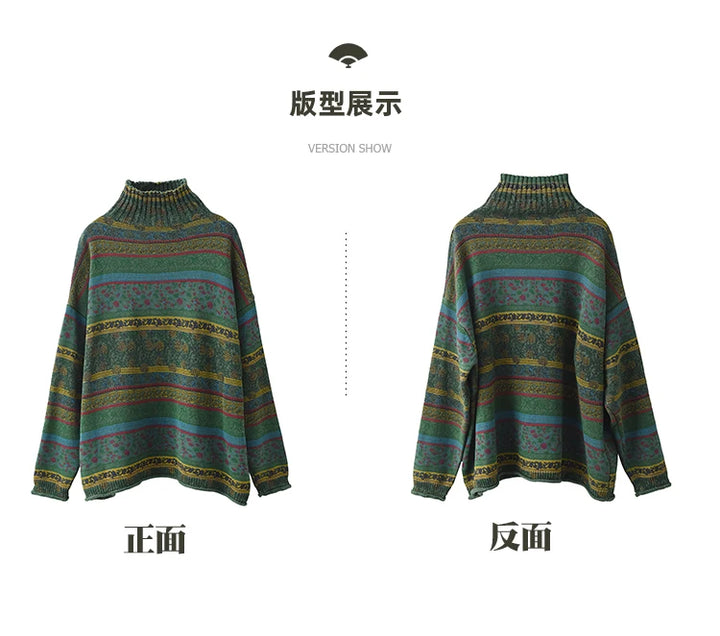 23Women Knit Sweaters Autumn Winter Mori Girl Style Print Turtleneck Collar Loose Female Tide Cotton Pullovers Wild