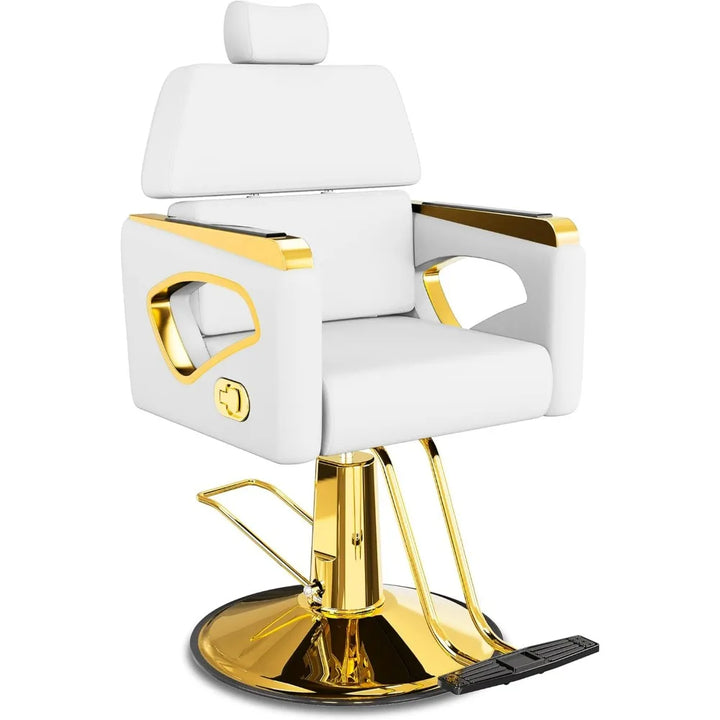 Comfortable Reclining Salon Chair with Removable Headrest, Heavy-Duty White and Gold Barber Chair with Durable Steel Frame Chair