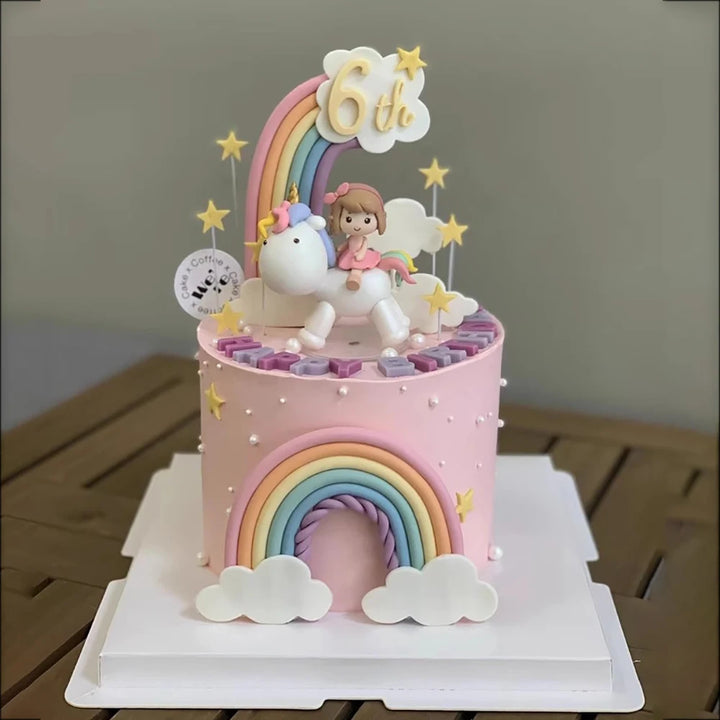 Unicorn Cake Topper with Rainbow Clouds Stars for Kids Happy Birthday Cake Decorations Girl's 16th Party Supplies Adult Gifts