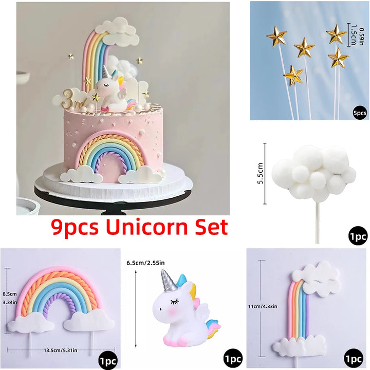 Unicorn Cake Topper with Rainbow Clouds Stars for Kids Happy Birthday Cake Decorations Girl's 16th Party Supplies Adult Gifts