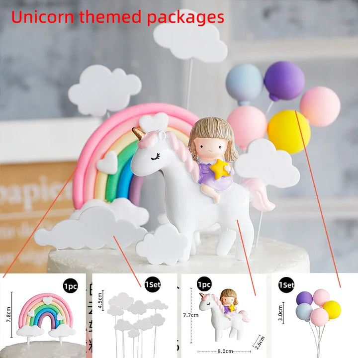 Unicorn Cake Topper with Rainbow Clouds Stars for Kids Happy Birthday Cake Decorations Girl's 16th Party Supplies Adult Gifts