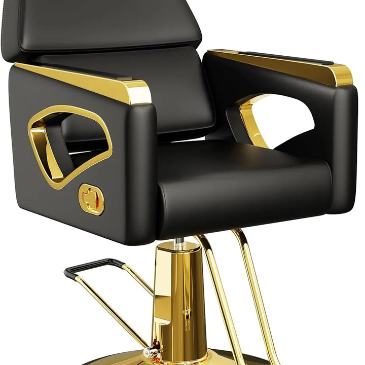 Comfortable Reclining Salon Chair with Removable Headrest, Heavy-Duty White and Gold Barber Chair with Durable Steel Frame Chair