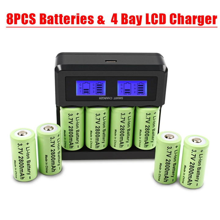 2800mAh 16340 Battery 3.7V Rechargeable Battery 4Pcs CR123A Battery For Security Camera Flashlight Battery With LCD Charger