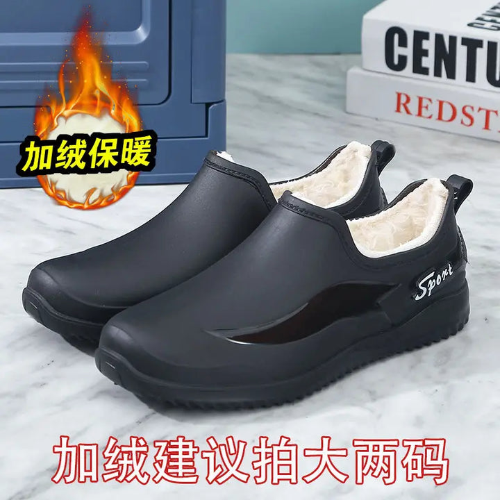 2024， New Fashionable Velvet Warm Rain Boots for Men, Waterproof, Non-slip, Wear-resistant, Short-tube Kitchen Work Rubber Shoes