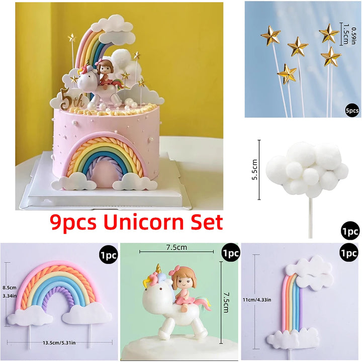 Unicorn Cake Topper with Rainbow Clouds Stars for Kids Happy Birthday Cake Decorations Girl's 16th Party Supplies Adult Gifts