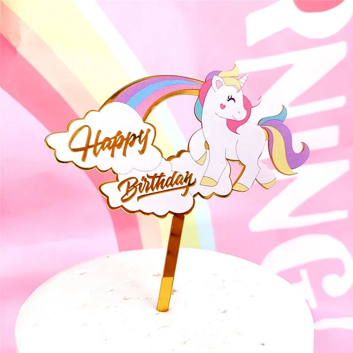 Unicorn Cake Topper with Rainbow Clouds Stars for Kids Happy Birthday Cake Decorations Girl's 16th Party Supplies Adult Gifts