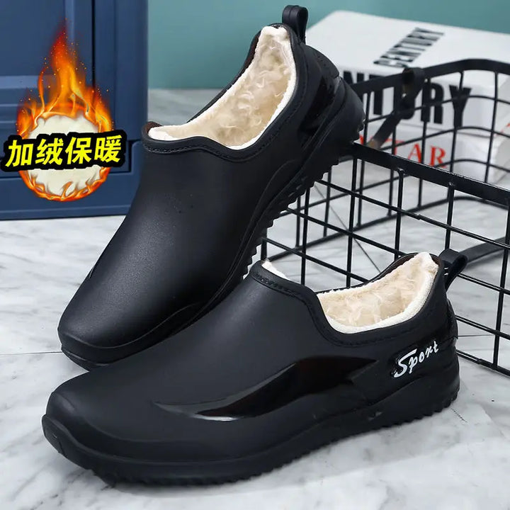 2024， New Fashionable Velvet Warm Rain Boots for Men, Waterproof, Non-slip, Wear-resistant, Short-tube Kitchen Work Rubber Shoes