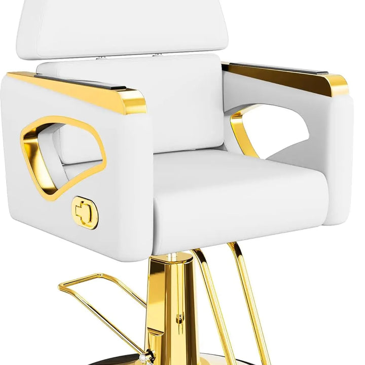 Comfortable Reclining Salon Chair with Removable Headrest, Heavy-Duty White and Gold Barber Chair with Durable Steel Frame Chair